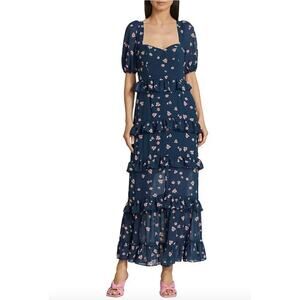 NWT Wayf Womens Cici Bustier Tiered Short Puff Sleeves Floral Navy Maxi Dress XS